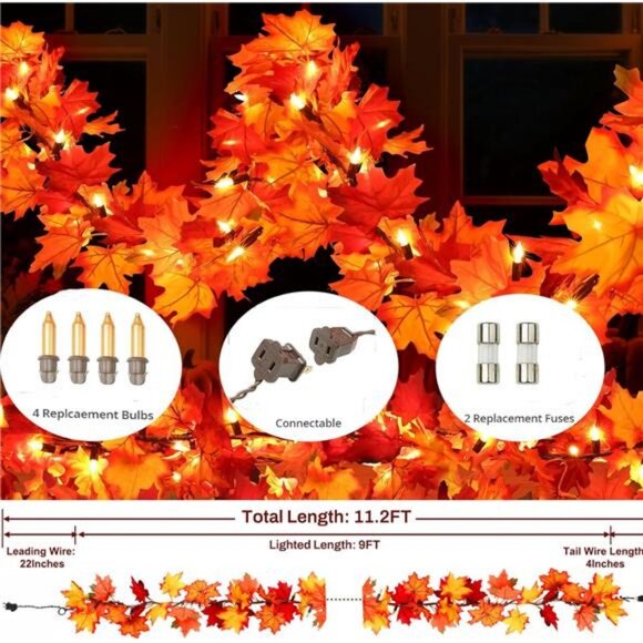 9FT 50 Count Incandescent Lights Brown Wire UL Certified Connectable Maple Leave - Picture 5 of 8